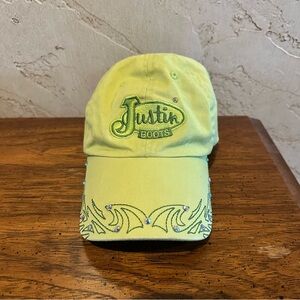 Justin Boots Yellow Hat With Green Embroidery And Rhinestone Embellishment